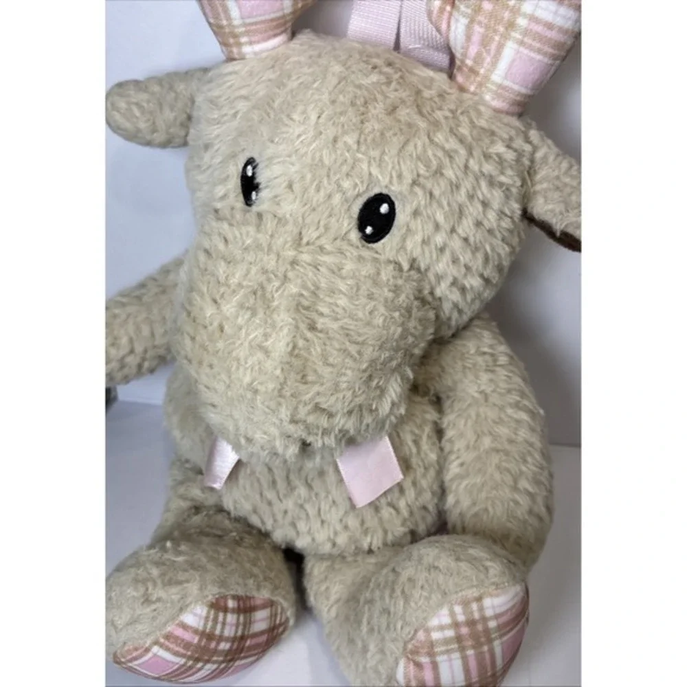 Tan Moose Plush Backpack‎ Pink Plaid Antlers Sherpa Faux Fur Stuffed Animal Bag